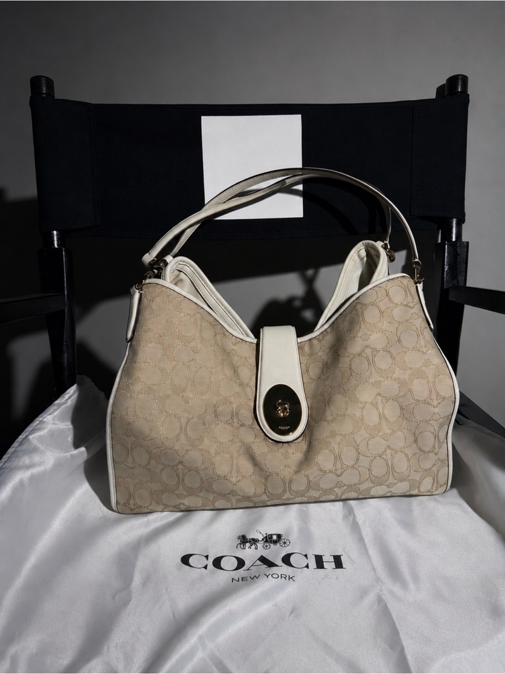 COACH Carlyle Shoulder Bag Signature Jacquard Leather Chalk  White Purse
